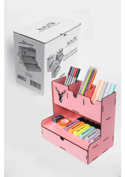 Ahşap Masaüstü Kalemlik ve Organizer Pembe 23x25x15 cm Geyik Desenli Çekmeceli Model modelleri