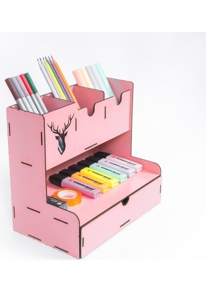 Ahşap Masaüstü Kalemlik ve Organizer Pembe 23x25x15 cm Geyik Desenli Çekmeceli Model fırsatları
