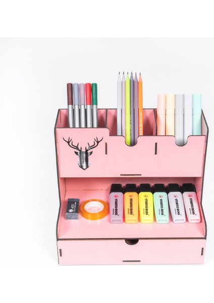 Ahşap Masaüstü Kalemlik ve Organizer Pembe 23x25x15 cm Geyik Desenli Çekmeceli Model indirimleri