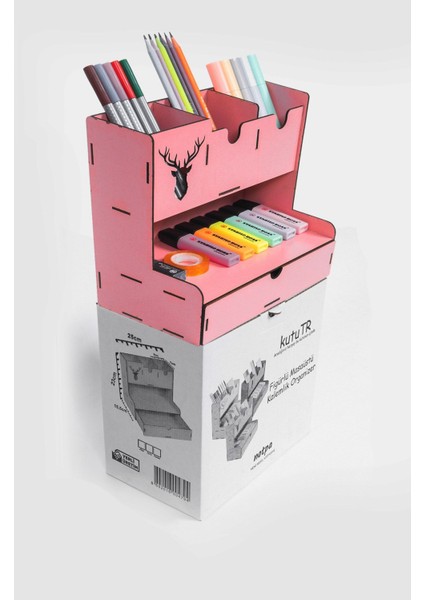 Ahşap Masaüstü Kalemlik ve Organizer Pembe 23x25x15 cm Geyik Desenli Çekmeceli Model