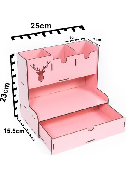 Ahşap Masaüstü Kalemlik ve Organizer Pembe 23x25x15 cm Geyik Desenli Çekmeceli Model