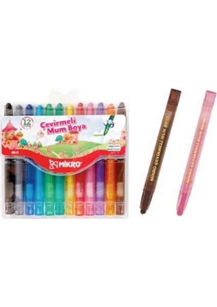 Çevirmeli Mum Boya Seti 12'li 9 cm Karışık Renk Desenli Şeffaf Kapaklı Mavi Saklama Kutusu