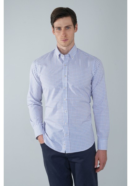 Uzun Kol Paşa Yaka Cepsiz Mavi Pamuk Erkek Gömlek GMCZG250086_D35