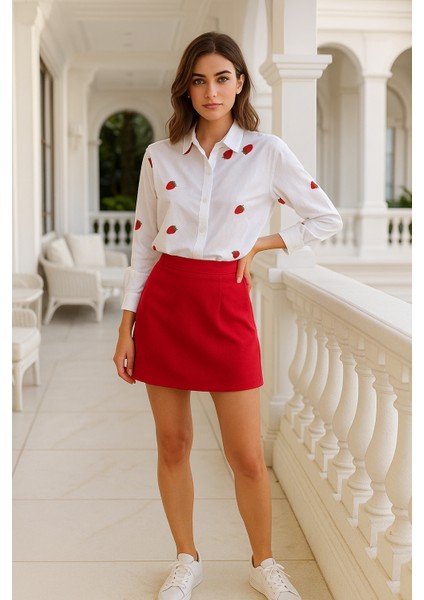 Kadın Çilek Desenli Beyaz Pamuk Gömlek modelleri