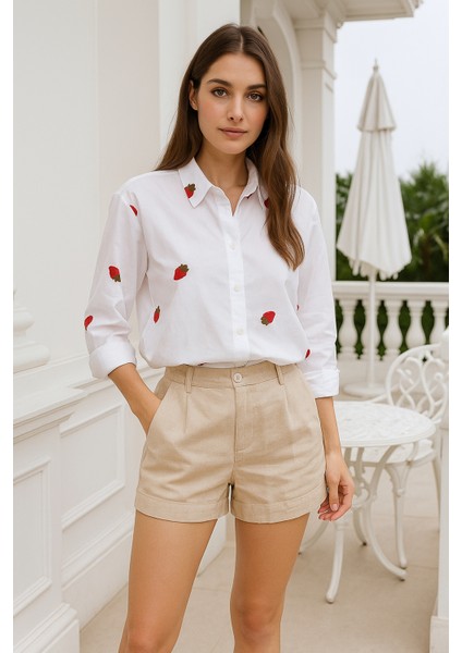 Kadın Çilek Desenli Beyaz Pamuk Gömlek fırsatları