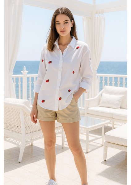 Kadın Çilek Desenli Beyaz Pamuk Gömlek indirimleri