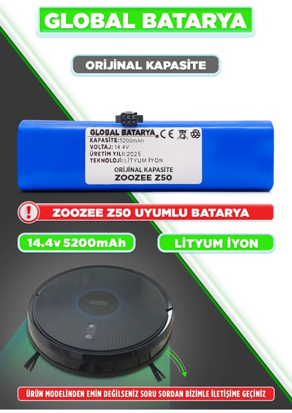 Zoozee Z50 Uyumlu Robot Süpürge Bataryası 14.4V 5200MAH Li-Ion Pil (Orijinal Kapasite)