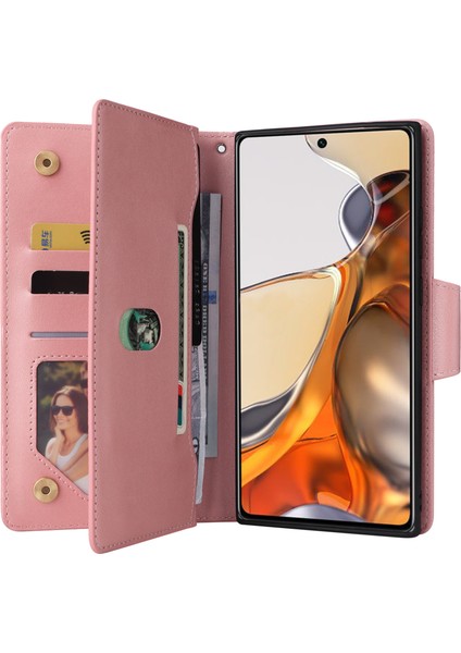 Xiaomi 11T Pro 5g Kılıf Için Perçin Dekor Deri Cüzdan Telefon Kapağı 9 Kart Yuvaları Ile-Gül Altın (Yurt Dışından) fiyatları