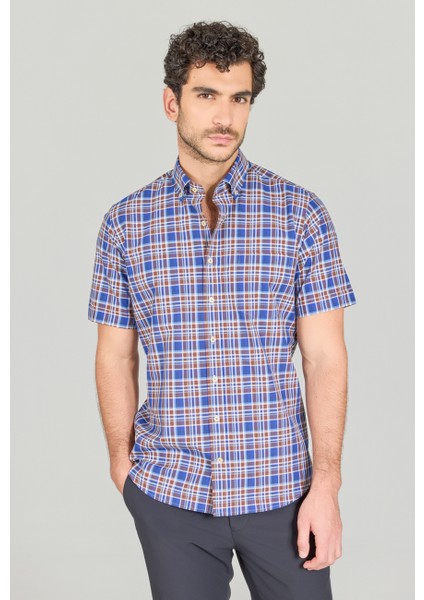 Regular Fit Paşa Yaka Kısa Kol Pamuk Kahve Erkek Gömlek GMEKS250005_D11