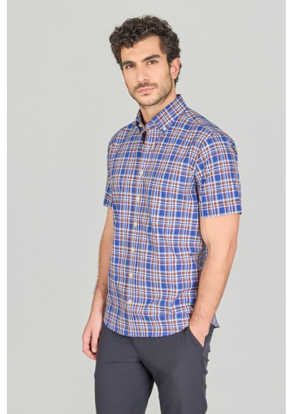 Regular Fit Paşa Yaka Kısa Kol Pamuk Kahve Erkek Gömlek GMEKS250005_D11 modelleri