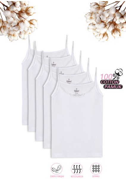 Özkan 0806 5'li Paket Kız Çocuk %100 Pamuklu Ribana Esnek Rahat Yakası Dantelli İp Askılı Atlet