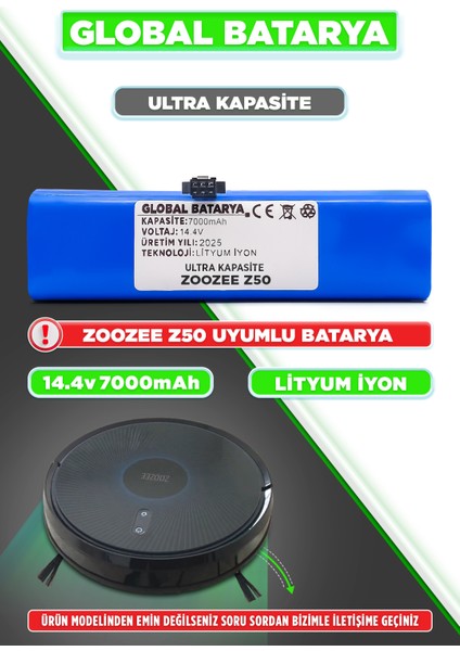 Zoozee Z50 Uyumlu Robot Süpürge Bataryası 14.4V 7000MAH Li-Ion Pil (Ultra Kapasite)