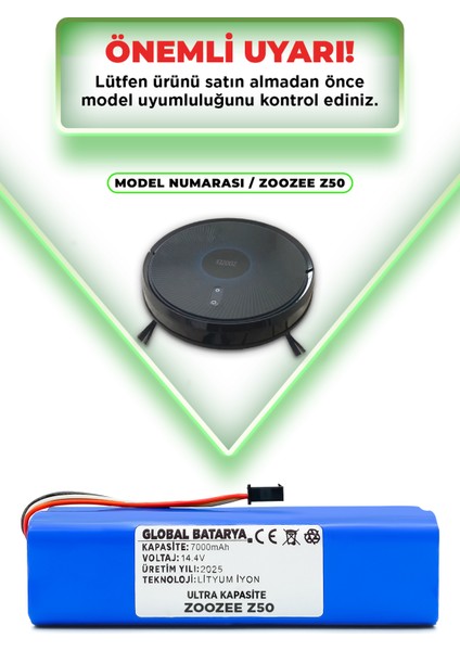 Zoozee Z50 Uyumlu Robot Süpürge Bataryası 14.4V 7000MAH Li-Ion Pil (Ultra Kapasite) indirimleri