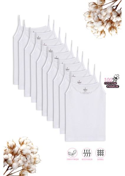 Özkan 0806 10'lu Paket Kız Çocuk %100 Pamuklu Ribana Esnek Rahat Yakası Dantelli Ip Askılı Atlet