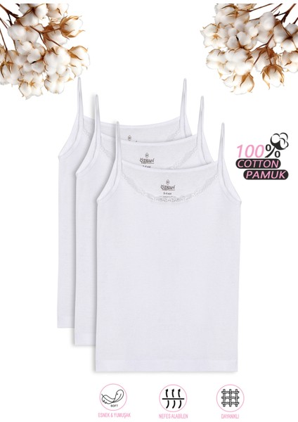 Özkan 0806 3'lü Paket Kız Çocuk %100 Pamuklu Ribana Esnek Rahat Yakası Dantelli Ip Askılı Atlet