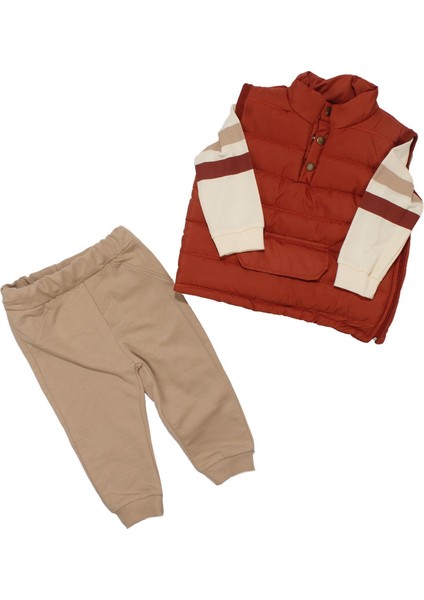 Erkek Bebek Kiremit Bej Şişme Yelekli Önü Kapalı Cepli 3'lü Takım