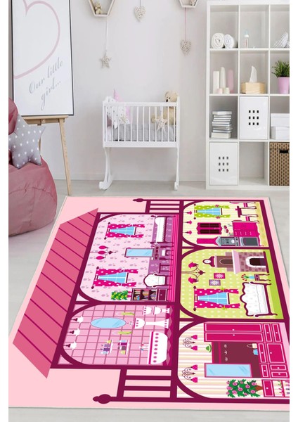 Dijital Baskılı Dekoratif Kaymaz Taban Yıkanabilir Prenses Evi Temalı Modern Çocuk Halısı