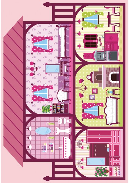 Dijital Baskılı Dekoratif Kaymaz Taban Yıkanabilir Prenses Evi Temalı Modern Çocuk Halısı modelleri