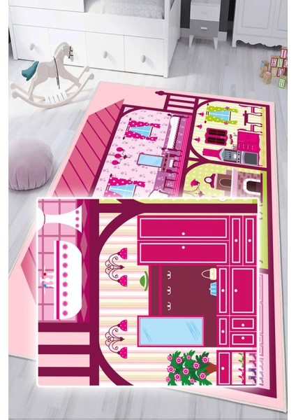 Dijital Baskılı Dekoratif Kaymaz Taban Yıkanabilir Prenses Evi Temalı Modern Çocuk Halısı fırsatları
