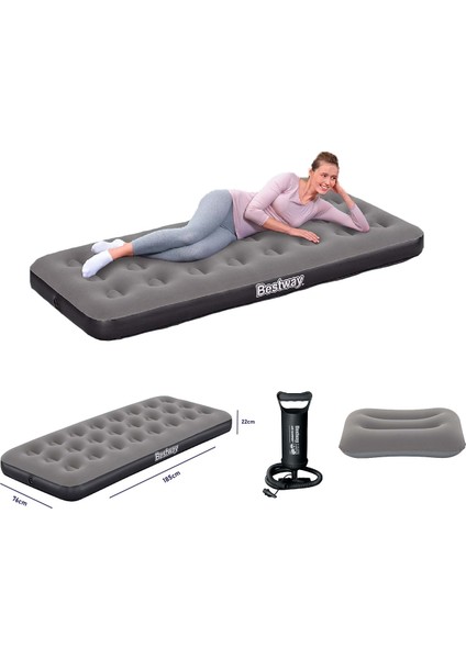 Single Tek Kişilik Şişme Yatak + El Pompası ve Yastık 185X76X22CM 671GY BW142