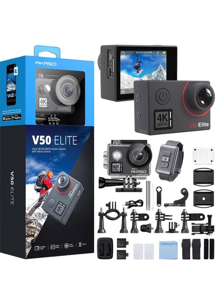 V50 Elite 4K/60FPS 20MP Wi-Fi Aksiyon Kamera ve Aksesuar Seti, Su Geçirmez Kılıf, App Kontrollü