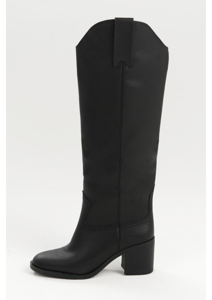 Siyah Renk Hakiki Deri Görünümlü Blok Topuklu Kadın Uzun Fermuarsız Çizme