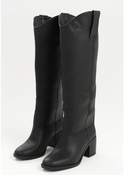 Siyah Renk Hakiki Deri Görünümlü Blok Topuklu Kadın Uzun Fermuarsız Çizme fiyatları