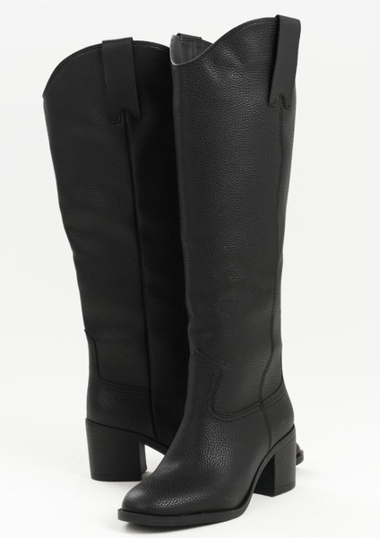 Siyah Renk Hakiki Deri Görünümlü Blok Topuklu Kadın Uzun Fermuarsız Çizme fırsatları