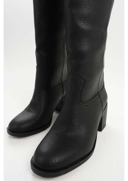 Siyah Renk Hakiki Deri Görünümlü Blok Topuklu Kadın Uzun Fermuarsız Çizme indirimleri
