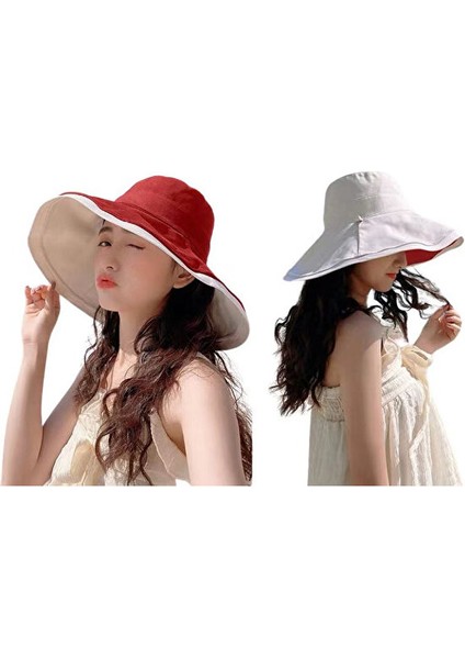 Qiruich Kadın Uv Korumalı Çift Taraflı Şapka - Bej - Beyaz (Yurt Dışından)