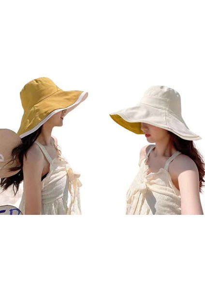 Qiruich Kadın Uv Korumalı Çift Taraflı Şapka - Bej - Beyaz (Yurt Dışından)