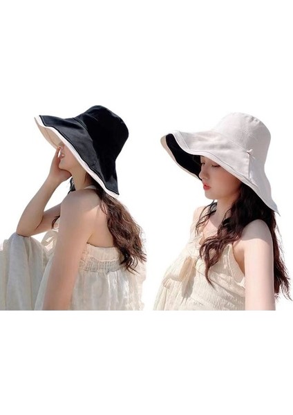 Qiruich Kadın Uv Korumalı Çift Taraflı Şapka - Bej - Beyaz (Yurt Dışından)
