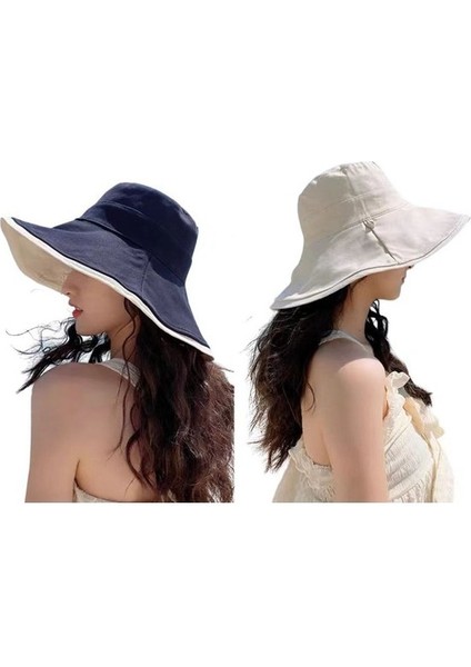 Qiruich Kadın Uv Korumalı Çift Taraflı Şapka - Bej - Beyaz (Yurt Dışından)