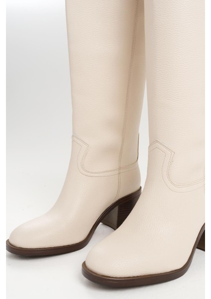 Ten Rengi Hakiki Deri Görünümlü Blok Topuklu Kadın Uzun Fermuarsız Çizme indirimleri