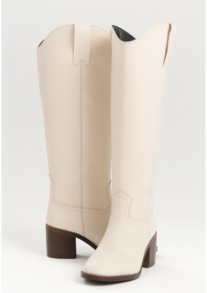 Ten Rengi Hakiki Deri Görünümlü Blok Topuklu Kadın Uzun Fermuarsız Çizme