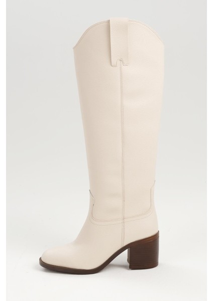 Ten Rengi Hakiki Deri Görünümlü Blok Topuklu Kadın Uzun Fermuarsız Çizme fiyatları