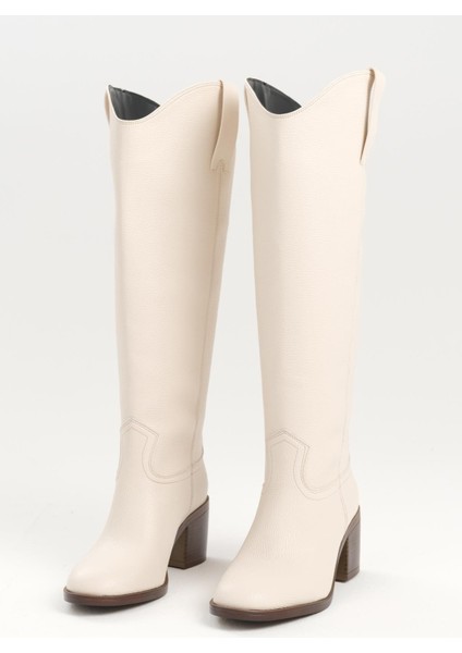 Ten Rengi Hakiki Deri Görünümlü Blok Topuklu Kadın Uzun Fermuarsız Çizme modelleri