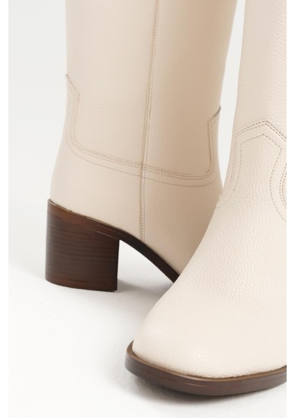 Ten Rengi Hakiki Deri Görünümlü Blok Topuklu Kadın Uzun Fermuarsız Çizme fırsatları