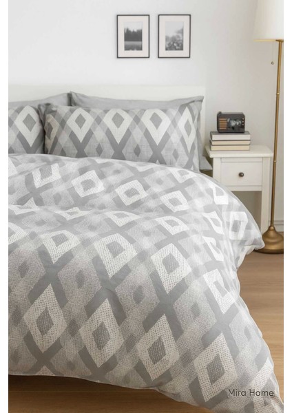 Iç Içe Baklava Desen Gri Pamuklu Nevresim Takımı