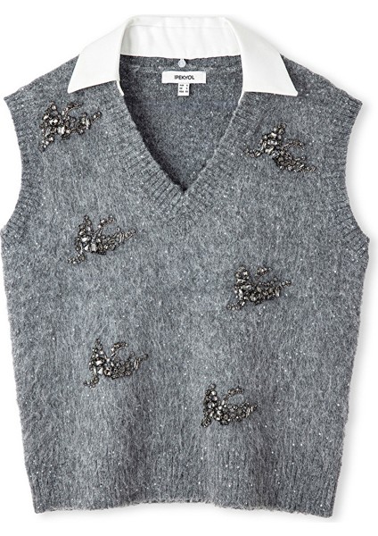 Kontrast Yakalı Işlemeli Süveter IW6250050075036 indirimleri