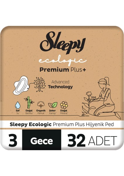 Ecologic Premium Plus Hijyenik Ped Gece 32 Adet