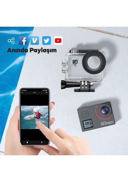 V50 Elite 4K/60FPS 20MP Wi-Fi Aksiyon Kamera ve Aksesuar Seti, Su Geçirmez Kılıf, App Kontrollü