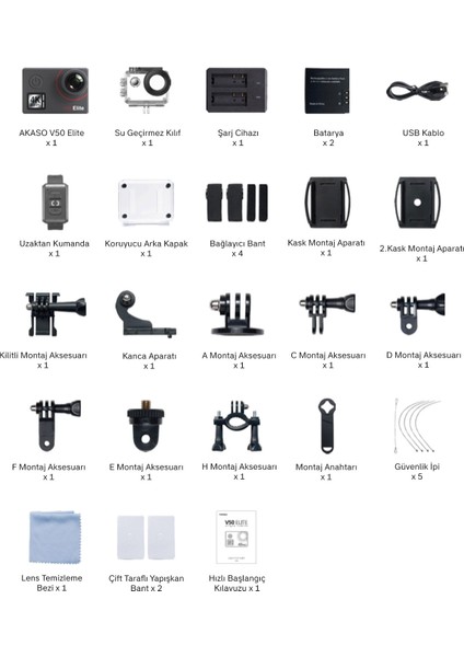 V50 Elite 4K/60FPS 20MP Wi-Fi Aksiyon Kamera ve Aksesuar Seti, Su Geçirmez Kılıf, App Kontrollü