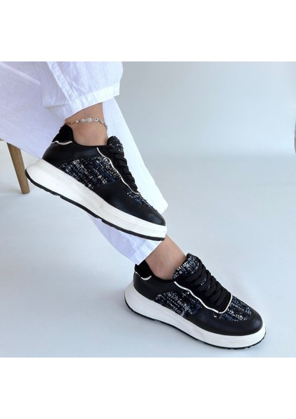 Artsviva Siyah Cilt Bağcıklı Spor Ayakkabı 3 cm Dolgu Topuk 5A26077 fırsatları