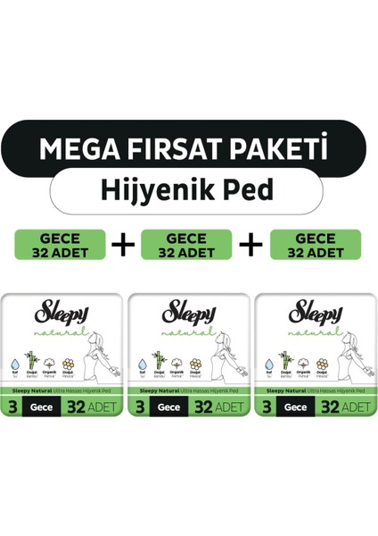 Natural Ultra Hassas Hijyenik Ped Mega Fırsat Paketi Gece 96 Adet