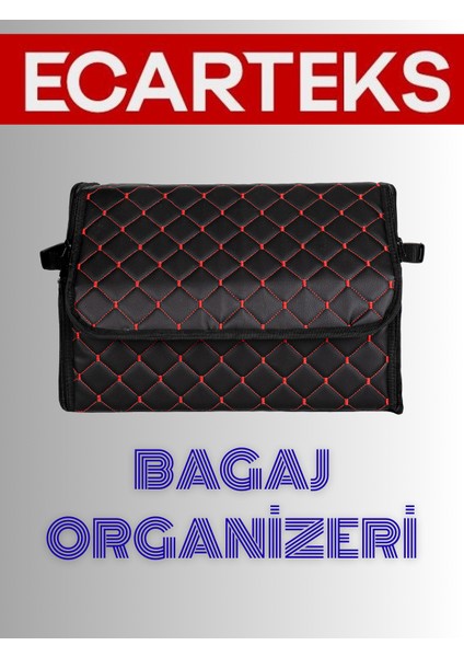 Oto Bagaj Organizeri Kapitone Deri Çanta Siyah-Kırmızı Renk 40 cm