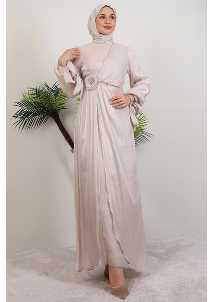 Beli Gül Detay Abiye Bej