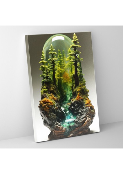 Gerçekçi Cam Heykel Nehir Kanvas Tablo - Ev Dekorasyonu Yemyeşil Orman Duvar Sanatı