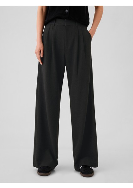 Kadın Siyah High Rise Brushed Twill Pileli Pantolon