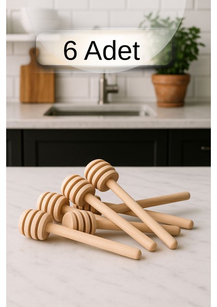 6 Adet Ahşap Bal Kaşığı Seti Bal Damlalığı Bal Servis Kaşığı 8cm